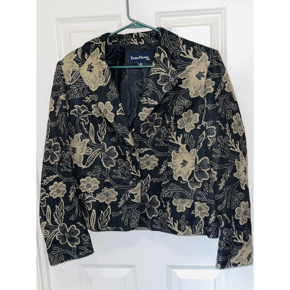 Women's Evan-Picone Suit‎ Blazer Single Breasted Black Gold Floral Size 14